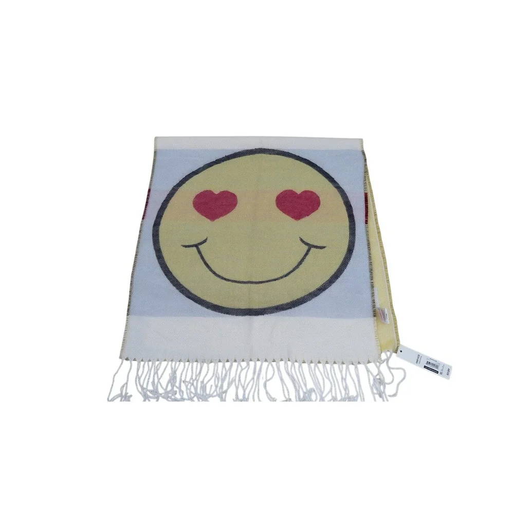 No Boundaries Scarf Women One Size Cream Heart Eye Smiley Face Fringe